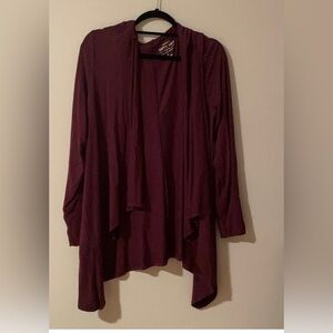 Burgundy open front draped sweater with hood *relist*